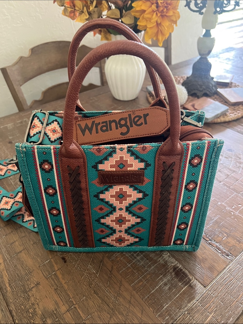 Wrangler Teal Aztec Satchel with Brown Trim and Coral Accents